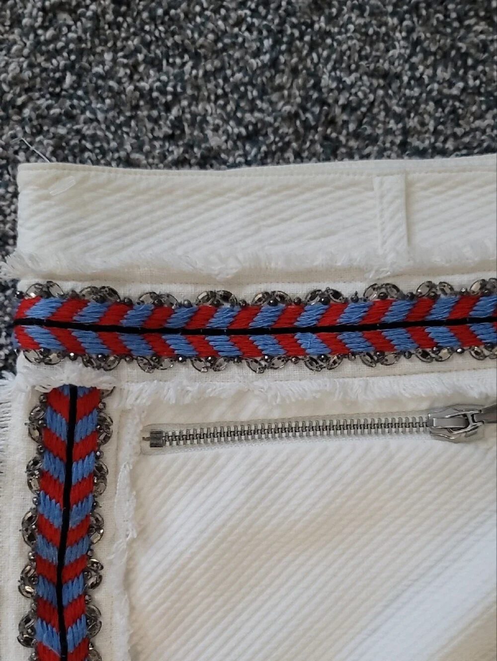 Rebecca Minkoff White High-Waist Shorts with Red & Blue Braided Trim